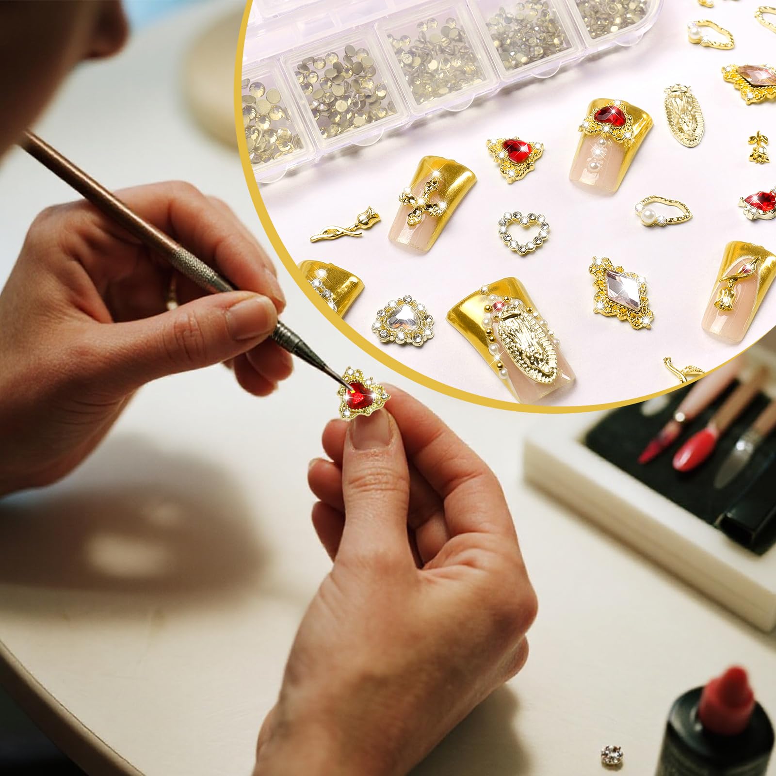 Flat lay of luxury gold nail gems and metal accessories