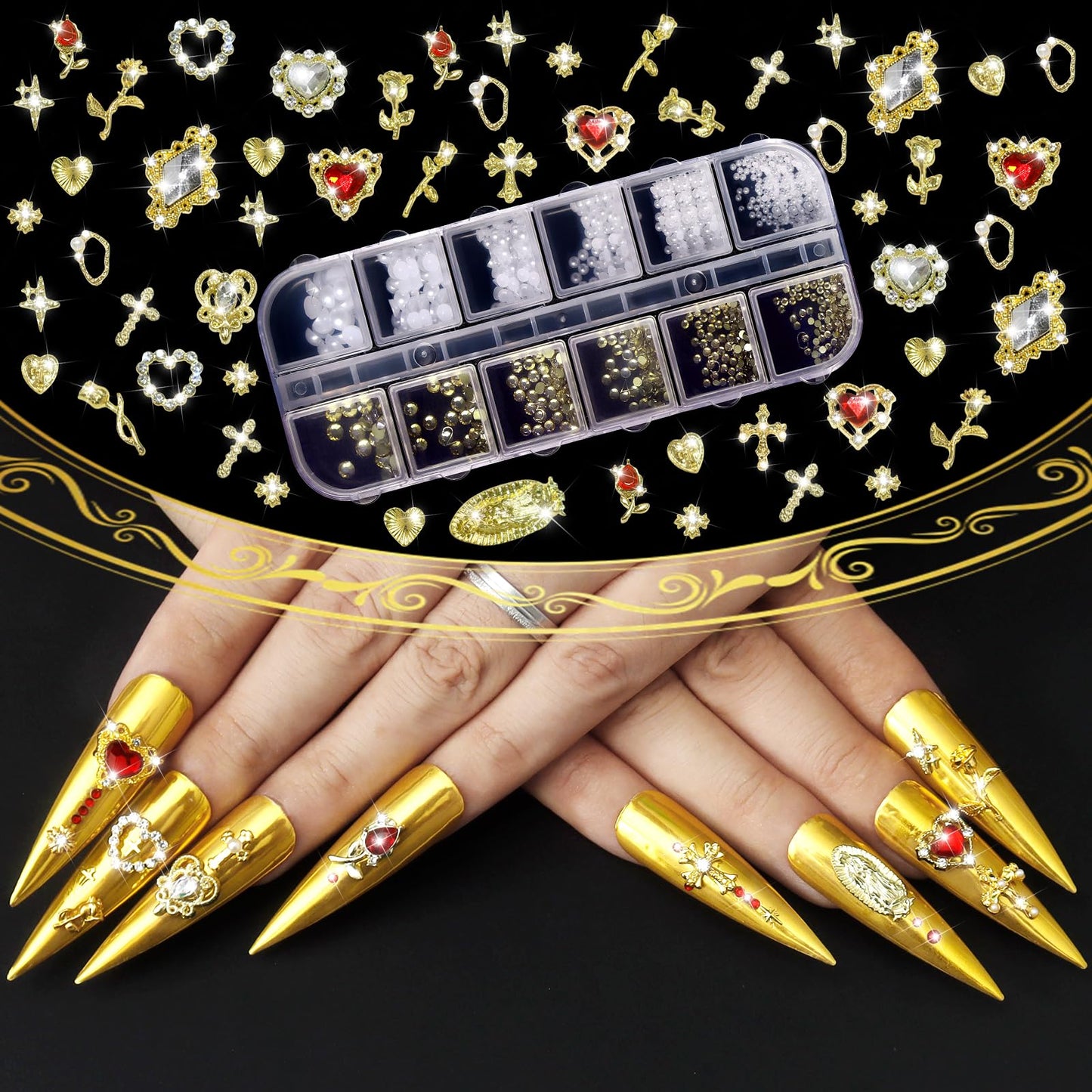 Open storage box showing various gold nail art charms