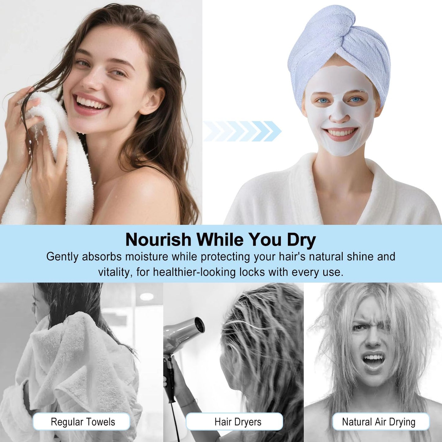 Model wearing AGKXHDEC hair wrap for wet hair