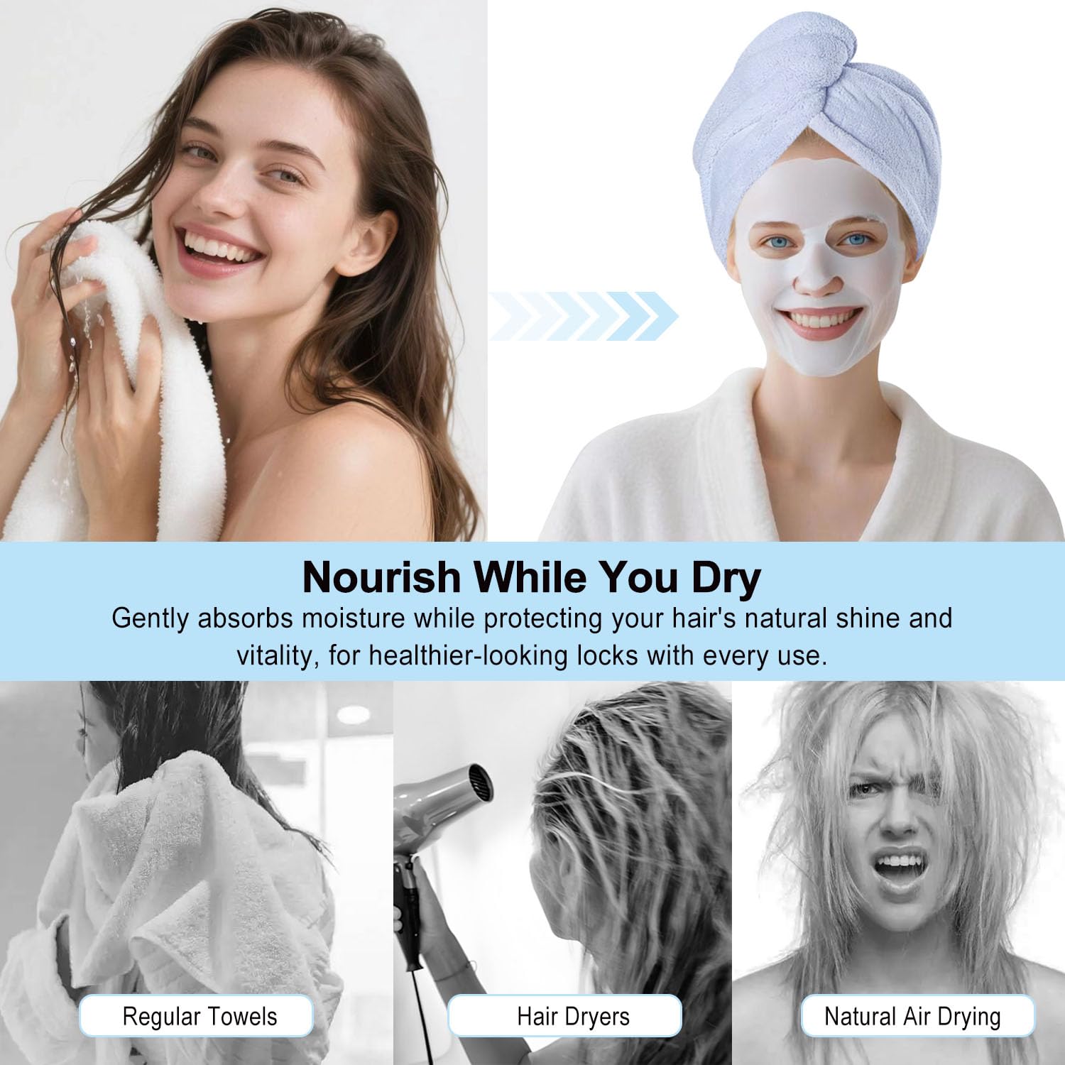Model wearing AGKXHDEC hair wrap for wet hair
