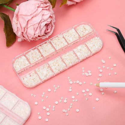 Beige pearl 3D nail charms in organized storage grid