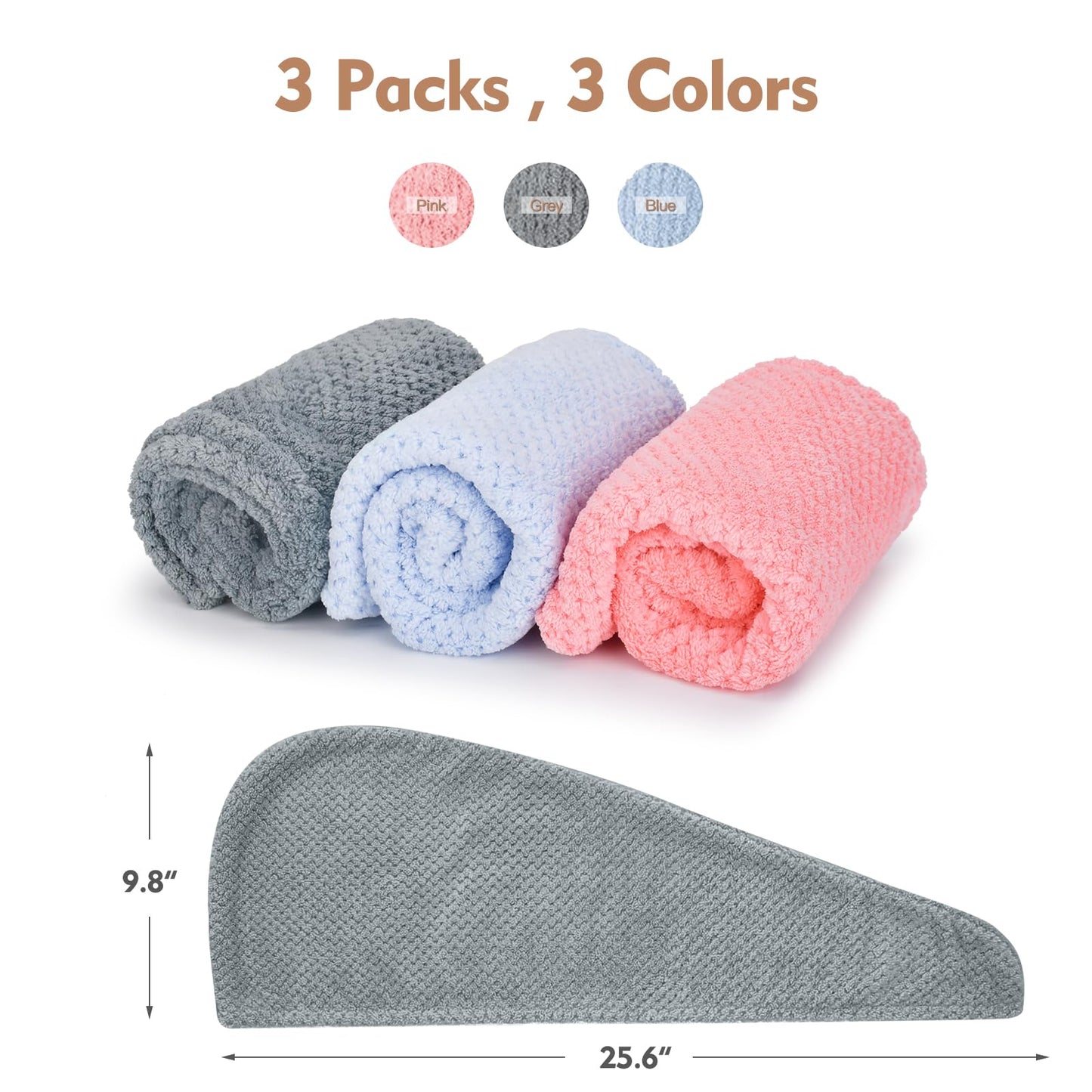 Three pack microfiber hair towels for curly hair