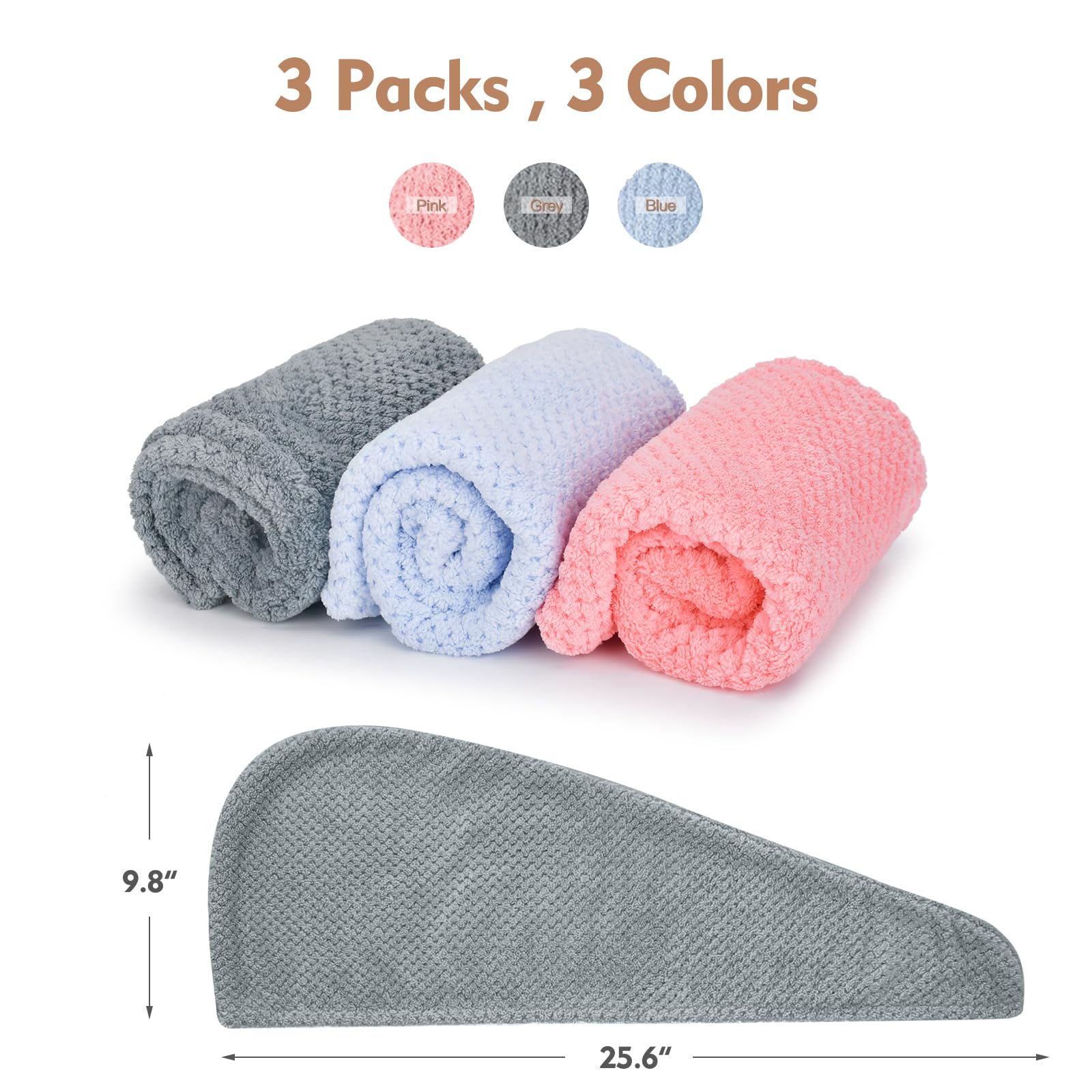 Three pack microfiber hair towels for curly hair