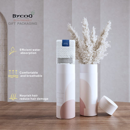Bycoo anti-frizz hair towel packaging and product