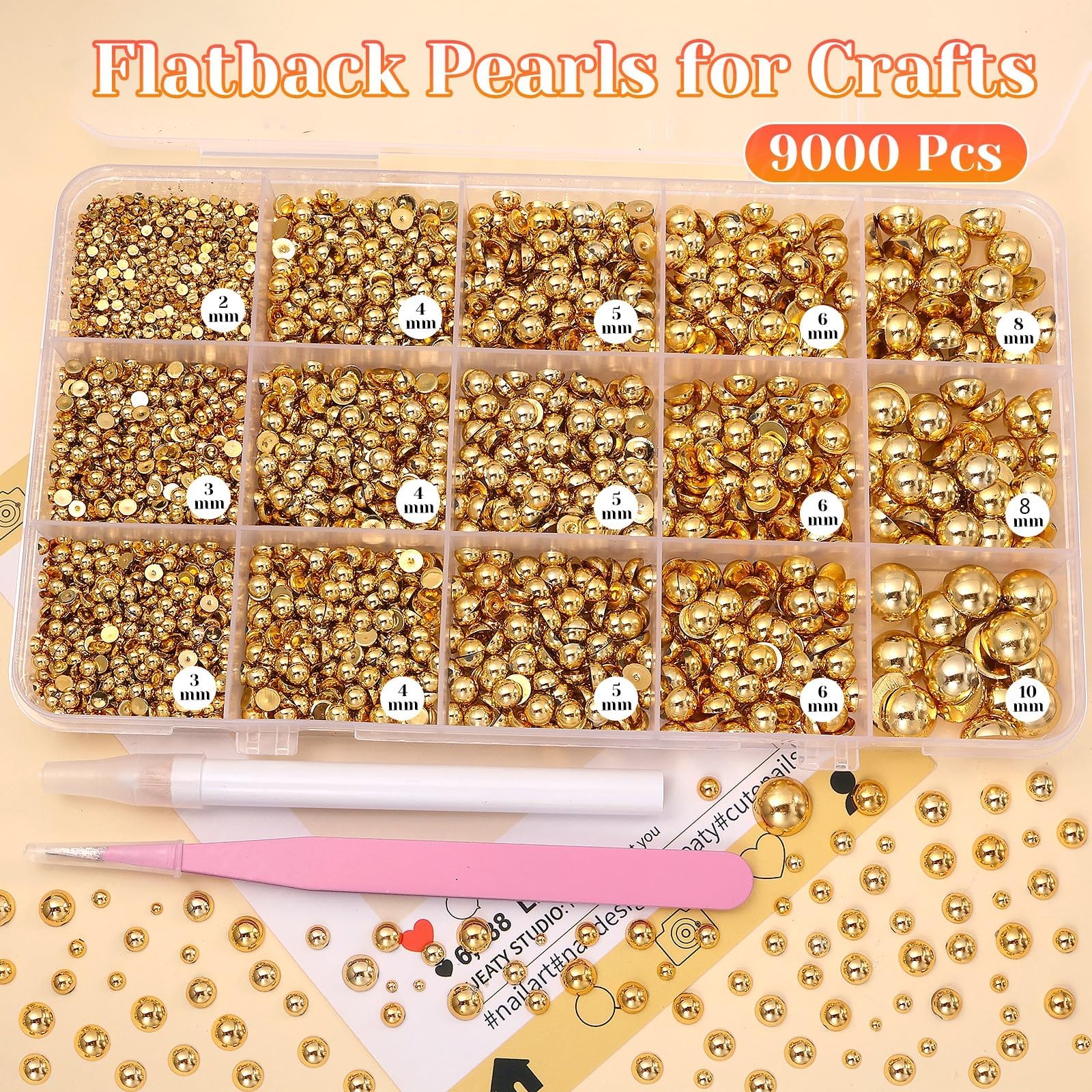 Close up of golden flatback pearl beads in various sizes