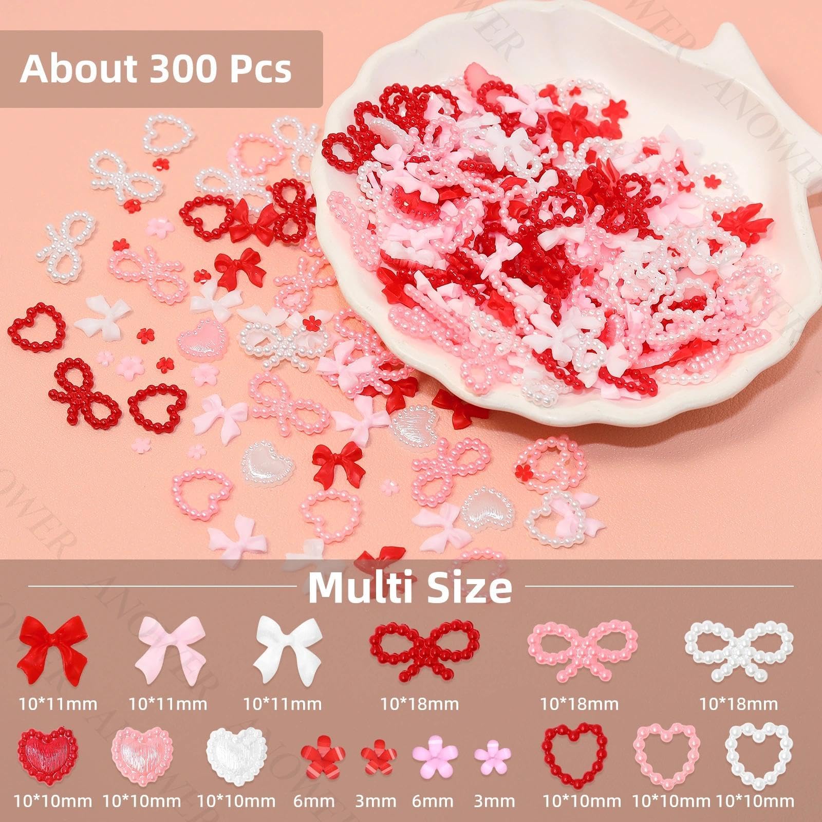 Close up of 3D heart and bow resin nail charms