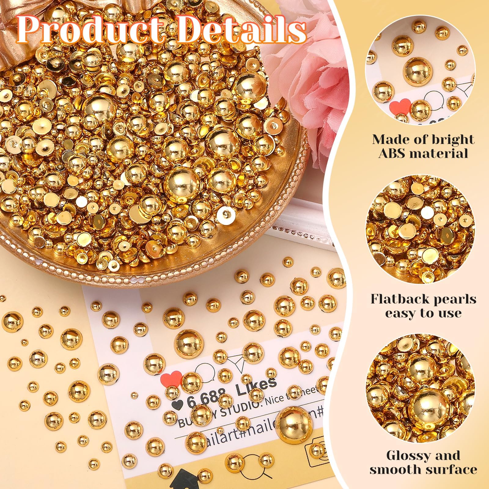 Golden flatback pearls arranged for DIY craft and nail art design