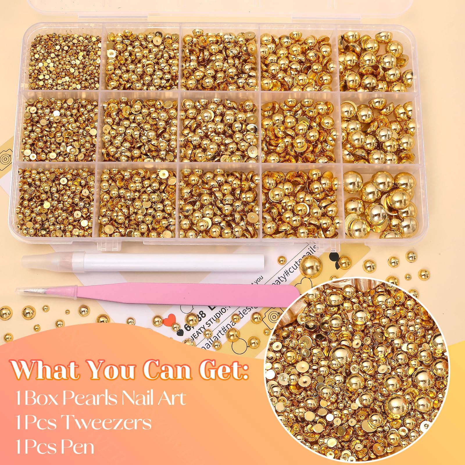 Top view of compartmentalized box containing gold nail art pearls