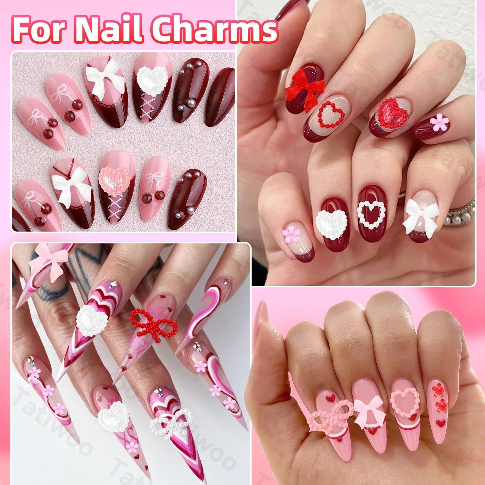 Top down view of Valentine themed nail charm collection