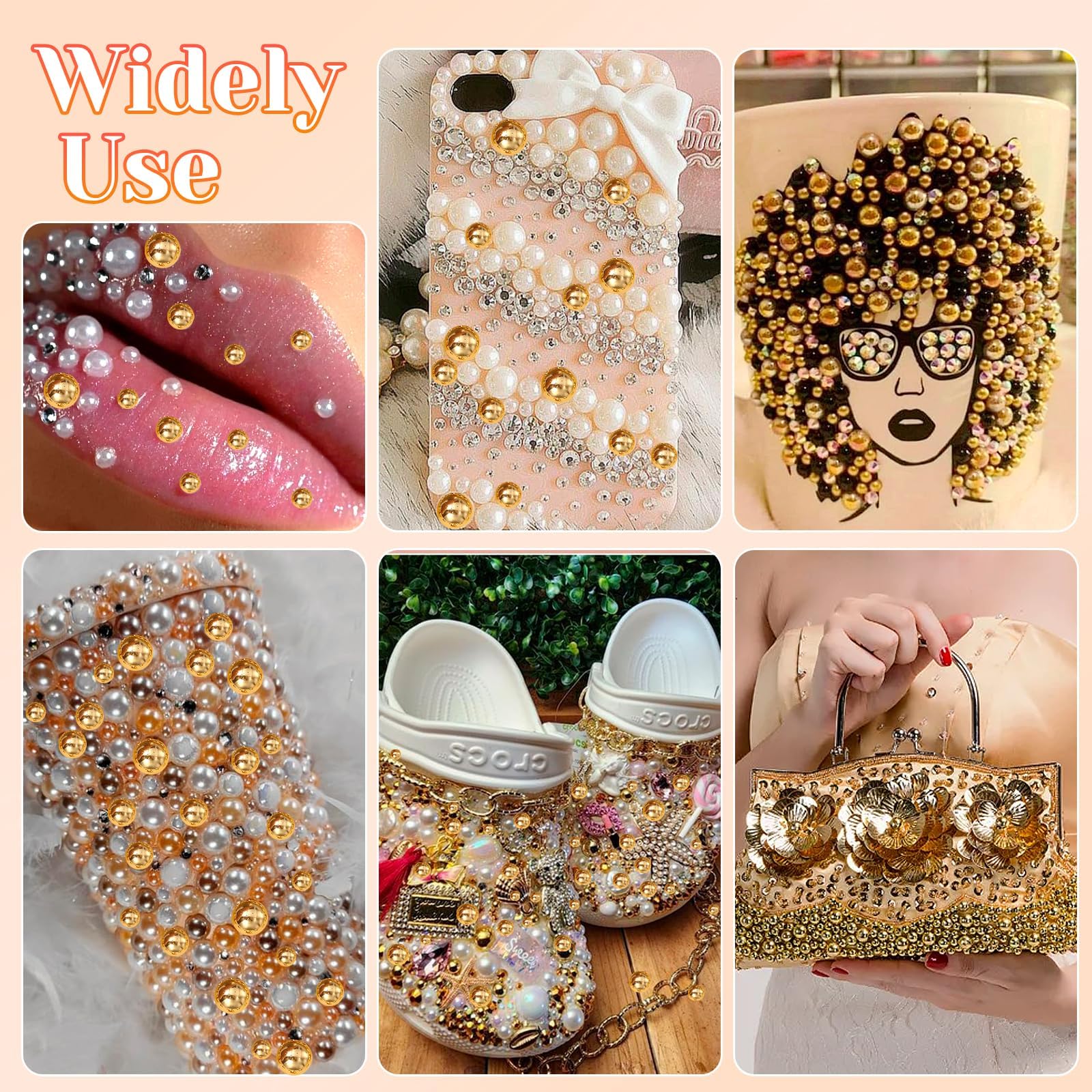Assortment of gold half round pearl sizes for nail decoration