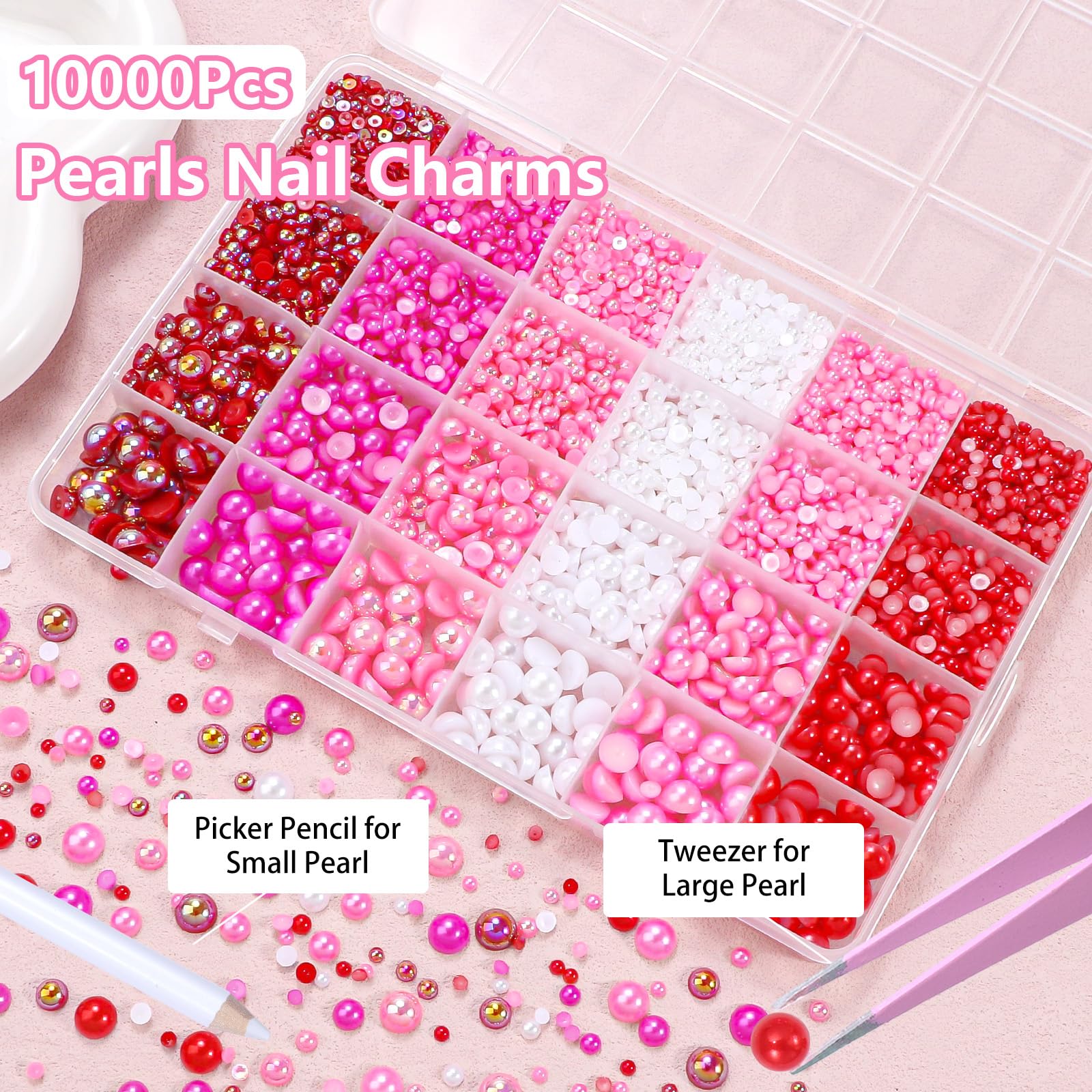Close up of pink red flatback pearls for manicure