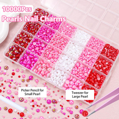 Close up of pink red flatback pearls for manicure