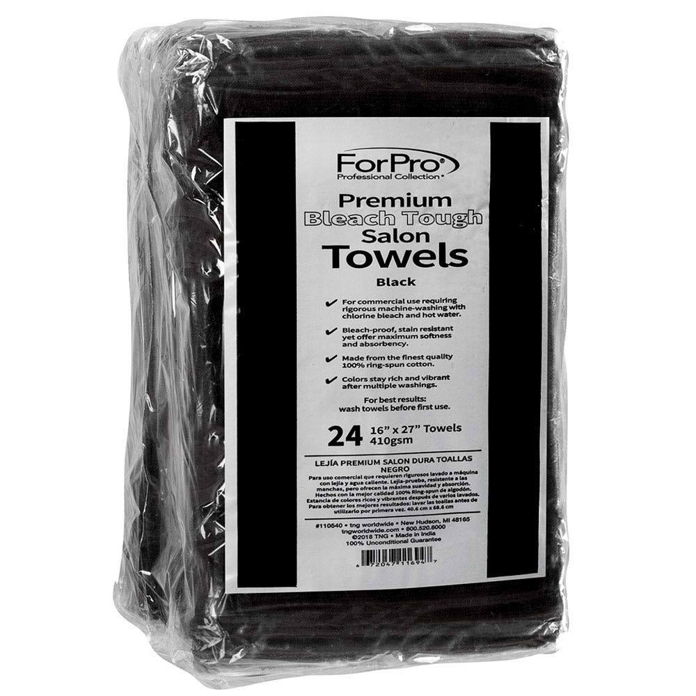 Stack of 24 count black bleach-proof salon towels