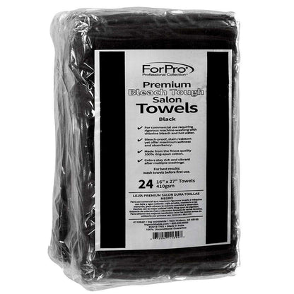 Stack of 24 count black bleach-proof salon towels