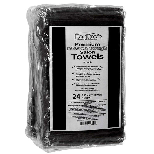 Stack of 24 count black bleach-proof salon towels