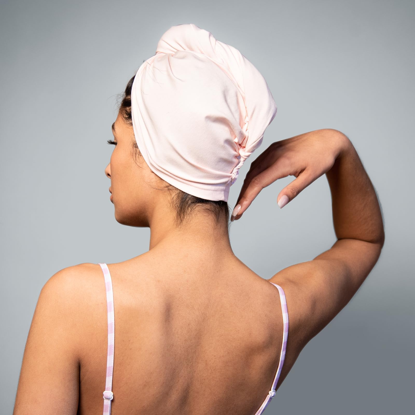 Kismetics frizz free hair towel wrap on model