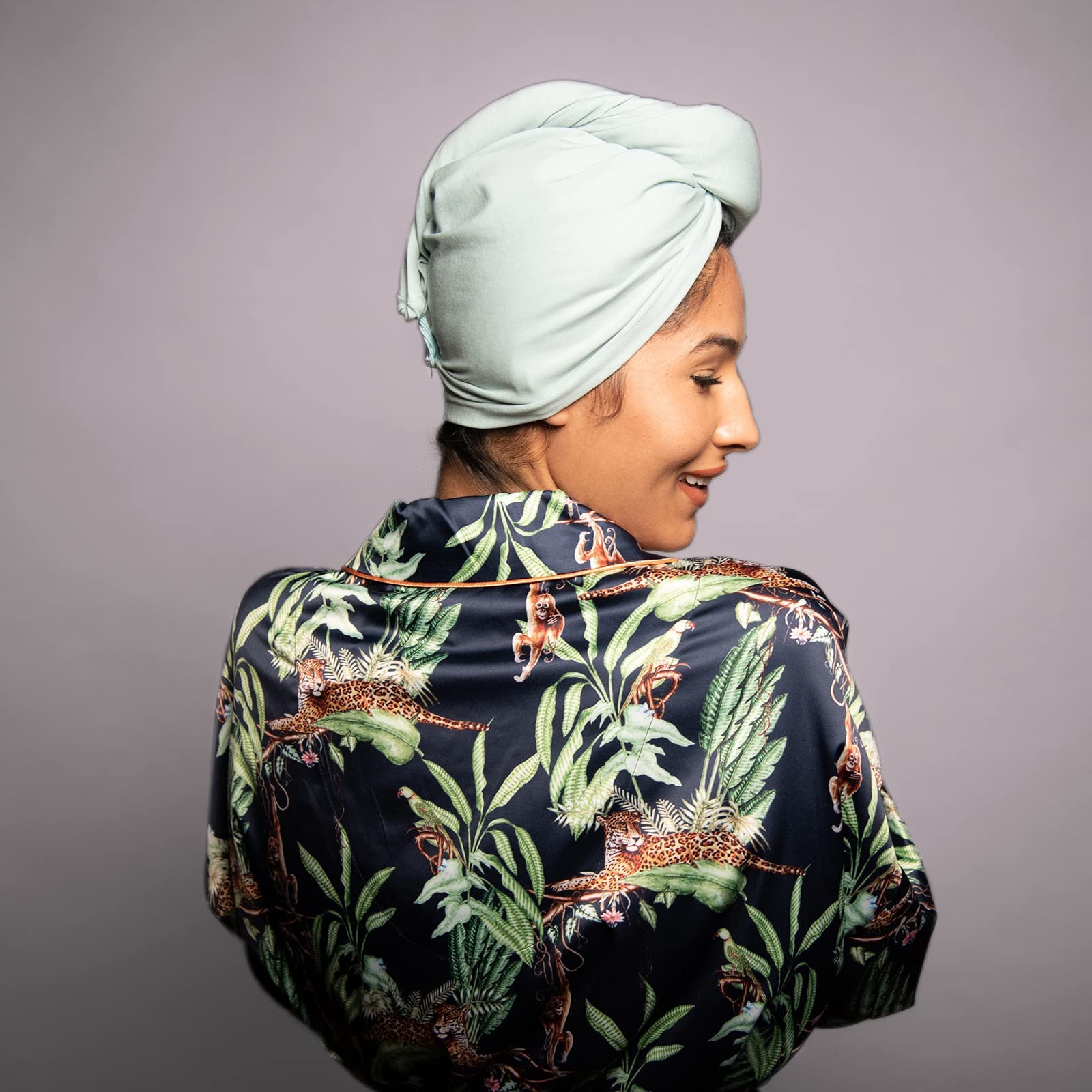 Sage and pink hair drying turbans in packaging