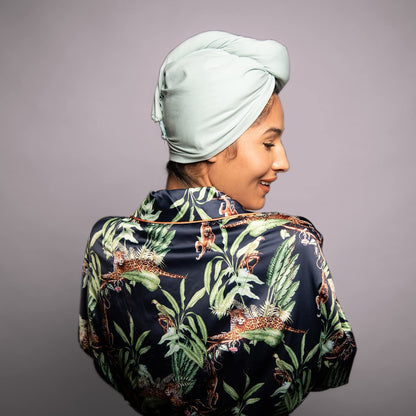 Sage and pink hair drying turbans in packaging