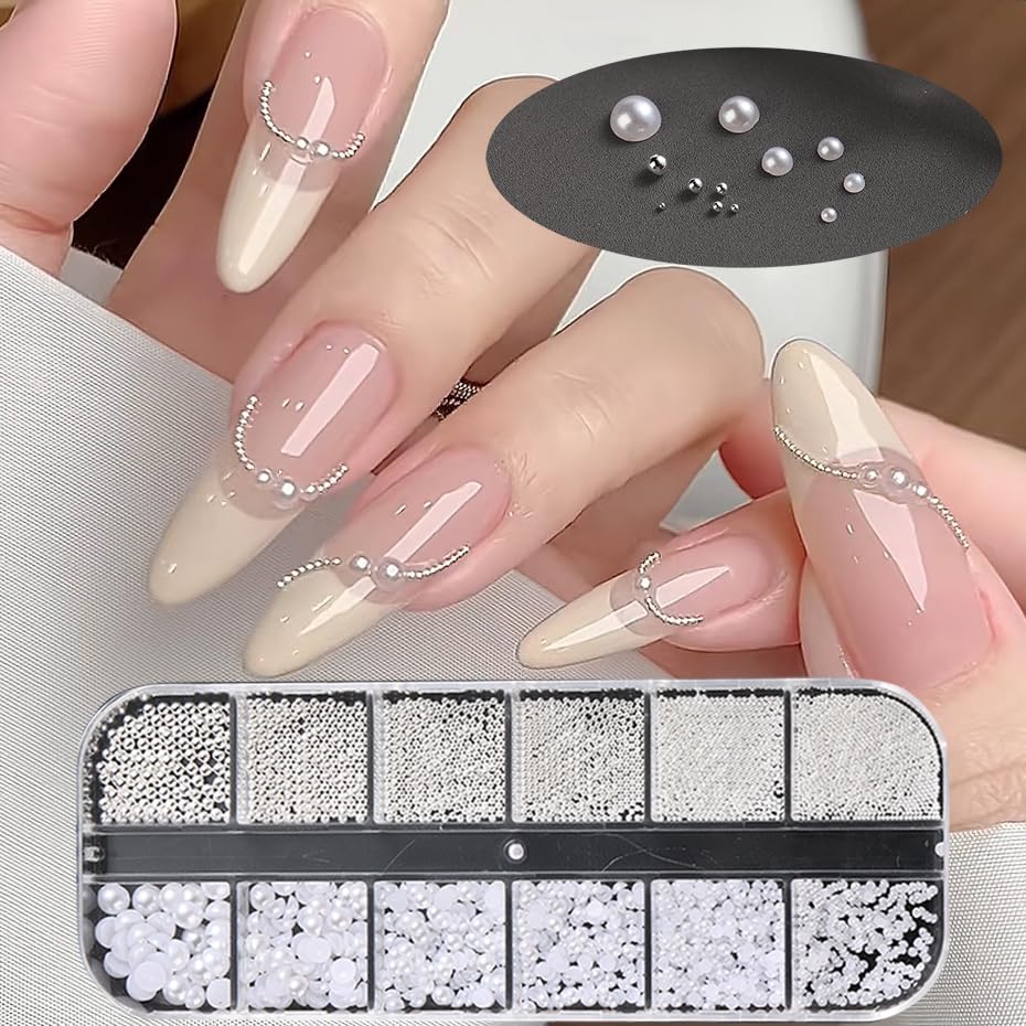 Two boxes of 3D nail art pearls and rhinestone charms