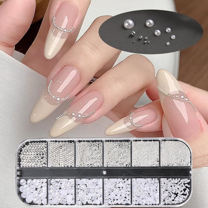 Two boxes of 3D nail art pearls and rhinestone charms