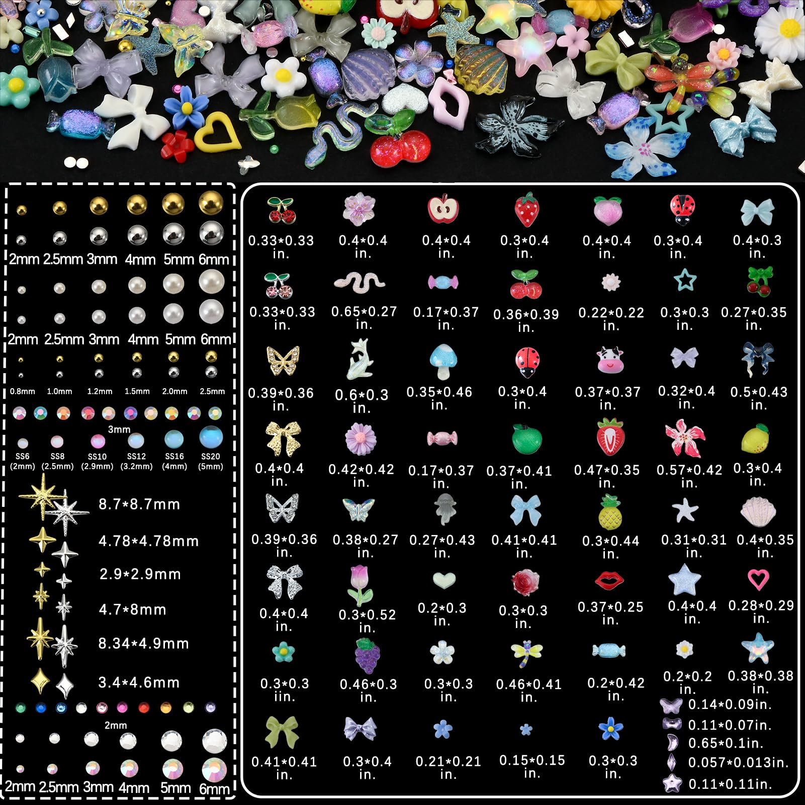 Close up of Y2K style nail art charms including bows and butterflies