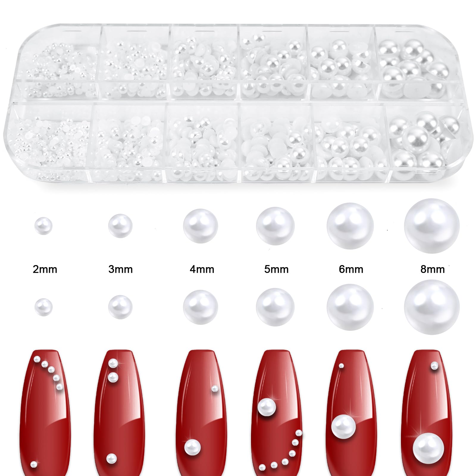Assorted sizes of white flatback pearls in organizer box