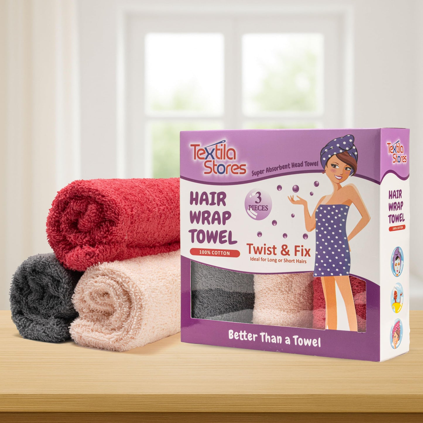 Woman wearing a Textila cotton hair turban wrap for frizz control