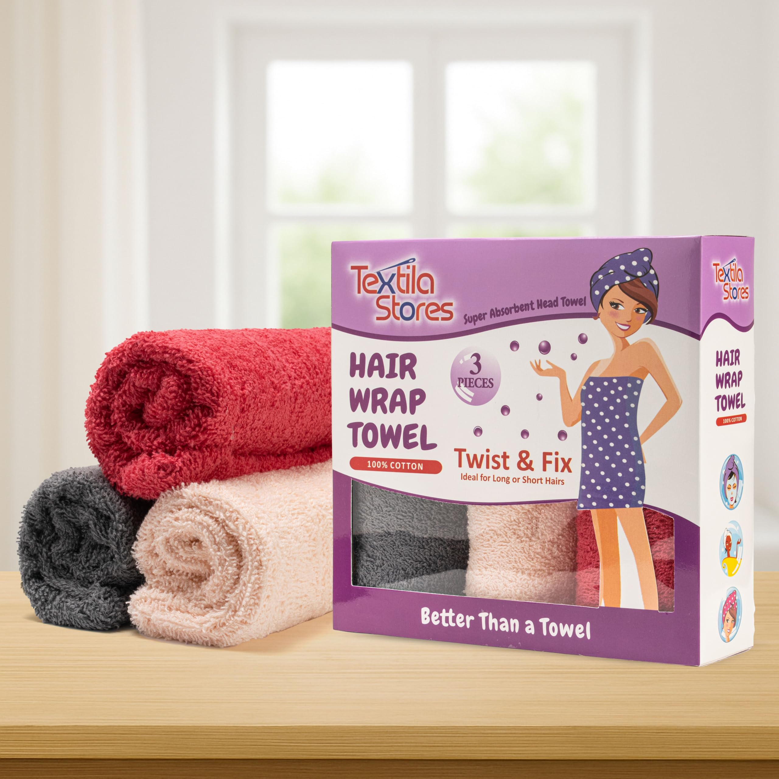 Woman wearing a Textila cotton hair turban wrap for frizz control