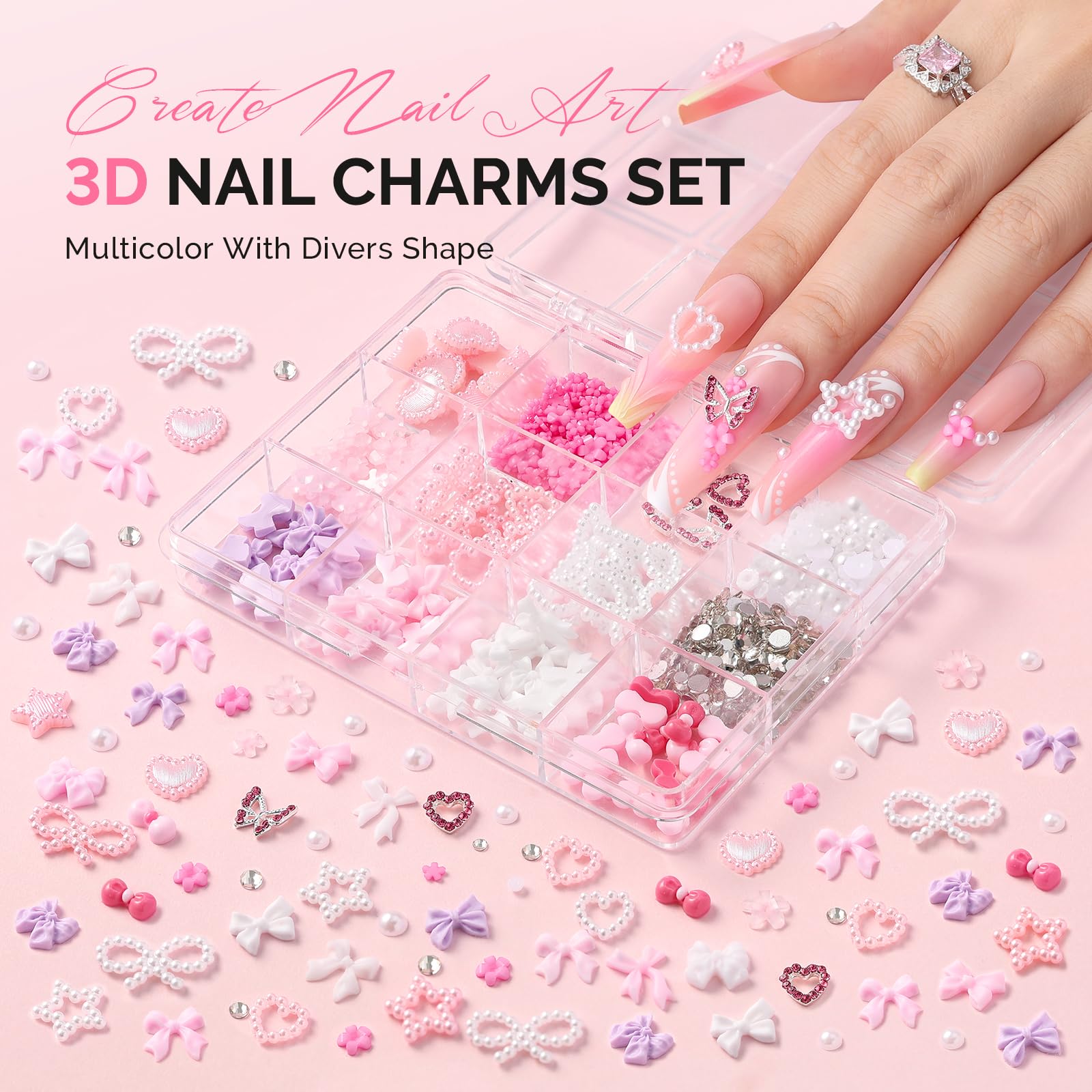 Close up of 12 styles colorful 3D nail art bow flower and pearl charms