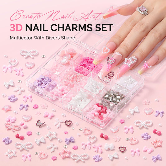 Close up of 12 styles colorful 3D nail art bow flower and pearl charms