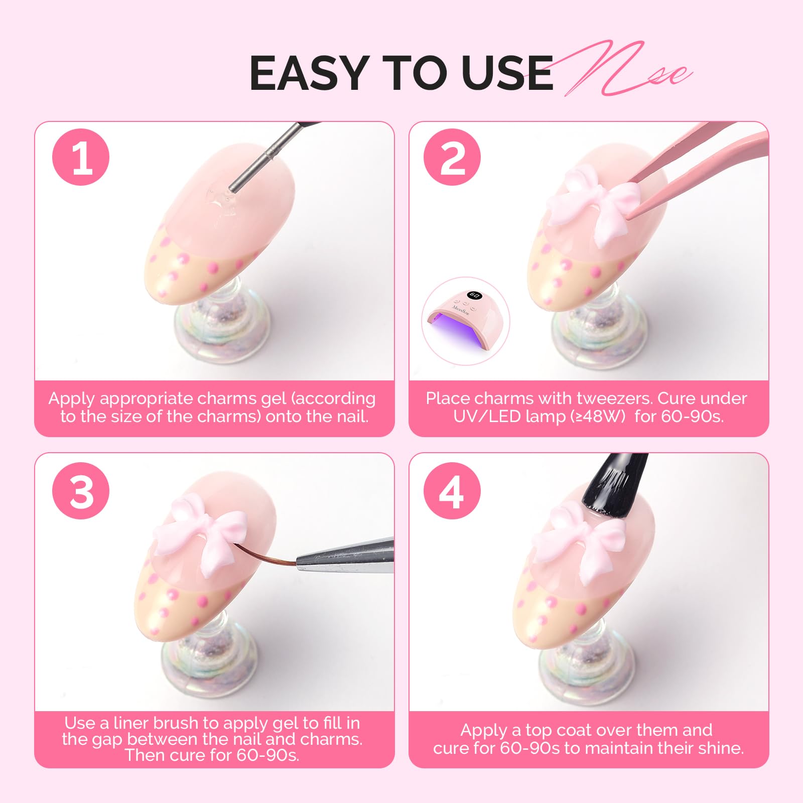 Various 3D nail art designs featuring stars hearts and acrylic gems