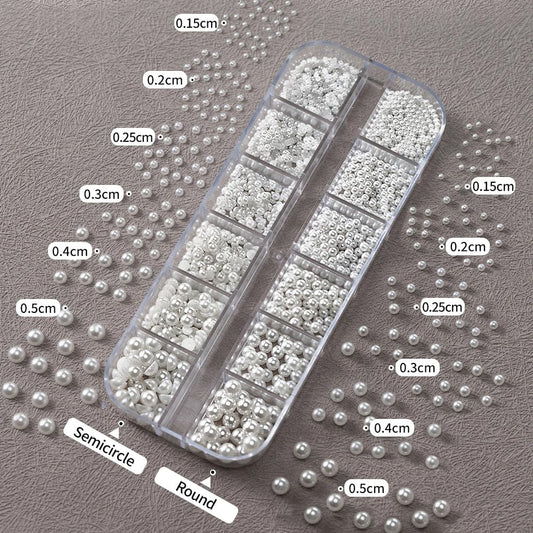 Close up of white flat back pearl beads for nail art design