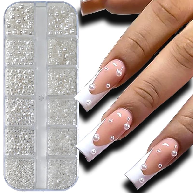 Assorted sizes of half round nail pearls in 12 grid organizer