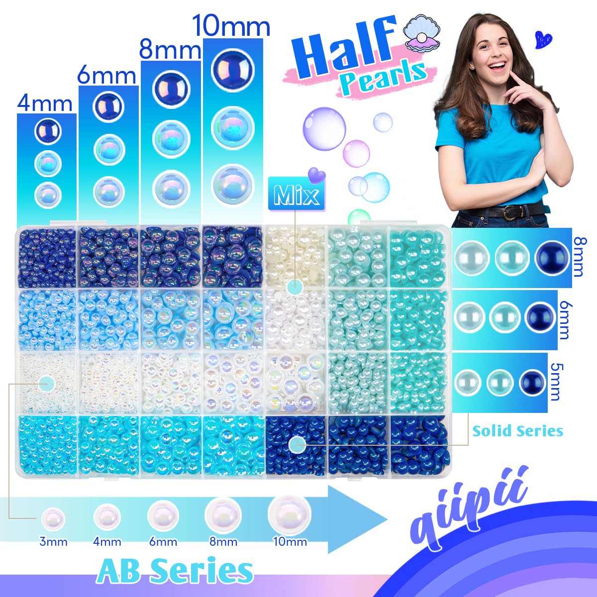Qiipii blue resin pearls in 28-grid storage box