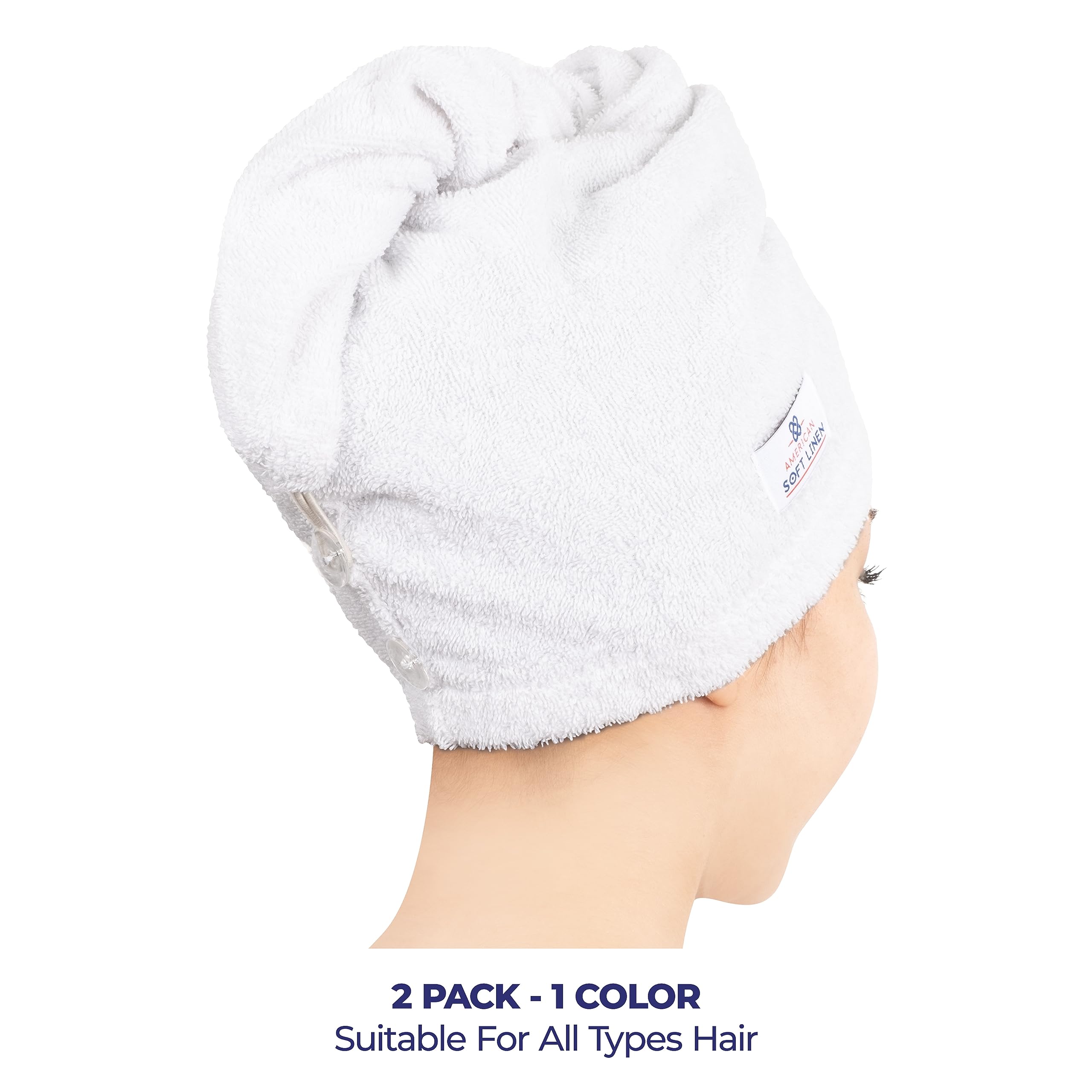 American Soft Linen head towel cap showing adjustable buttons