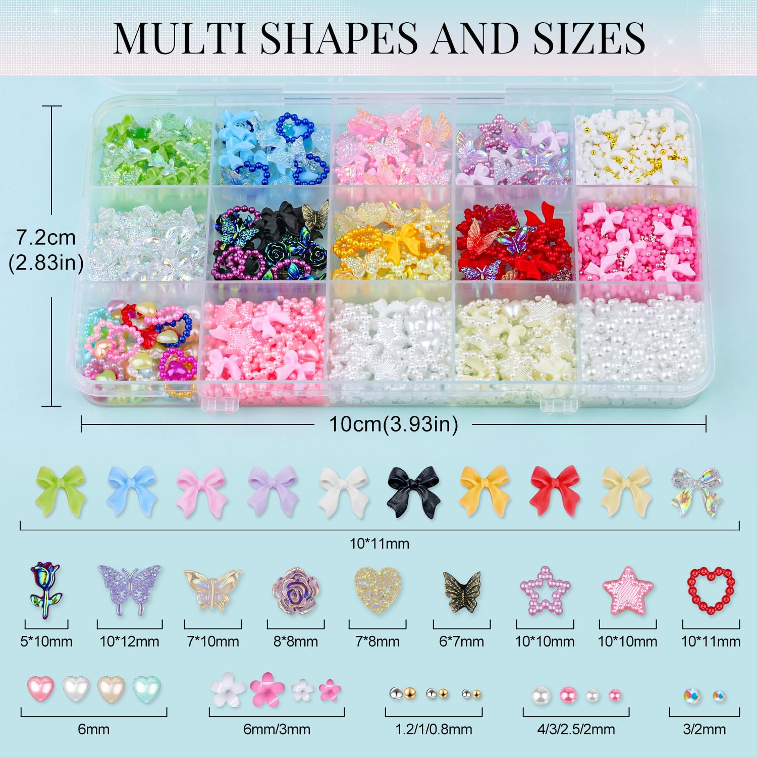 Close up of colorful 3D bow nail charms for coquette style.