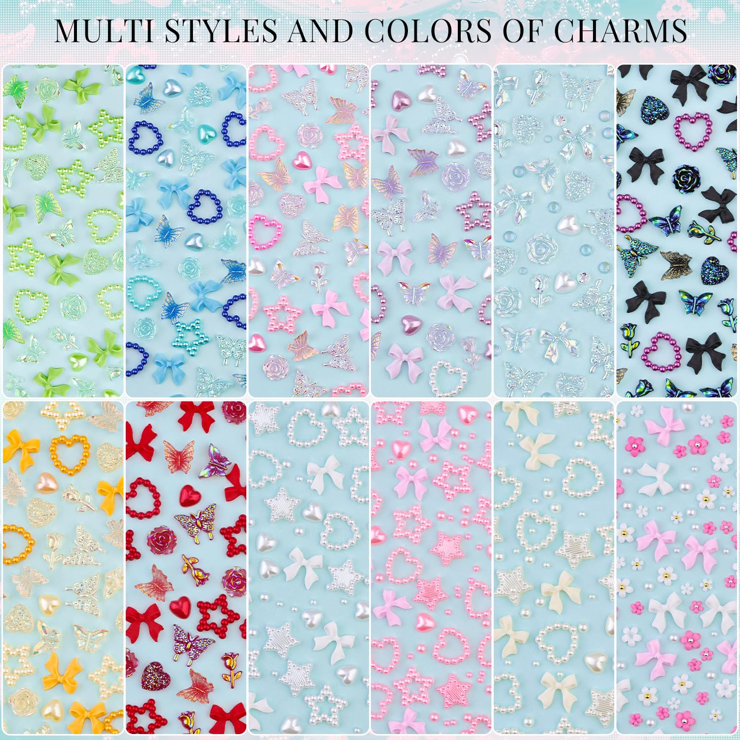 Assorted heart and star nail jewels for Y2K manicure.