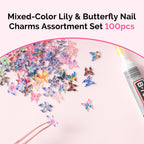 Close-up of multicolored floral and butterfly nail art gems arranged neatly.