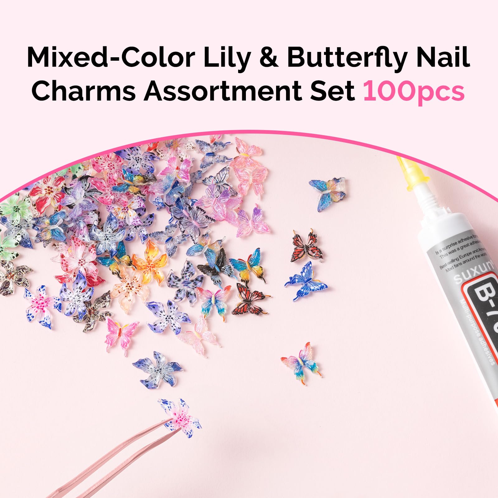 Close up of colorful flower and butterfly nail rhinestones