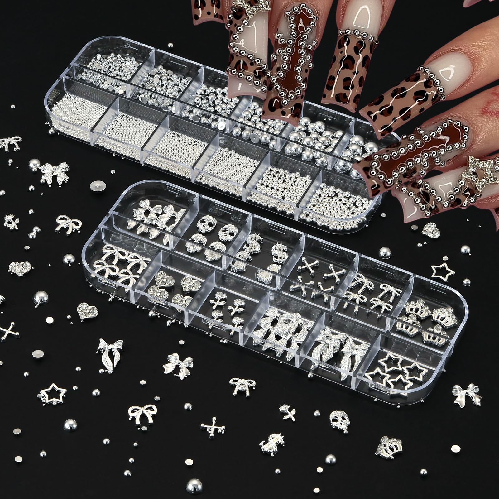 Close up of Opmadm Y2K silver nail art rhinestones and beads