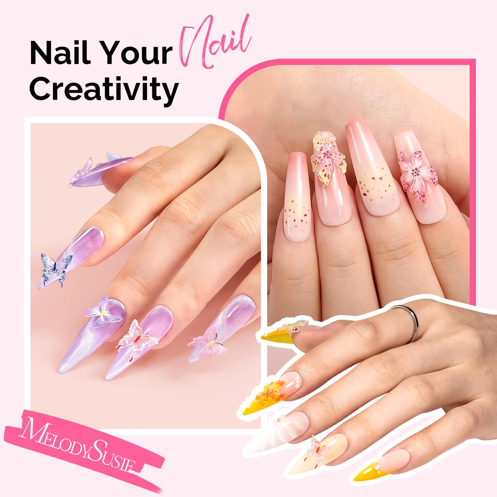 Detailed view of butterfly charms for acrylic nail decorations