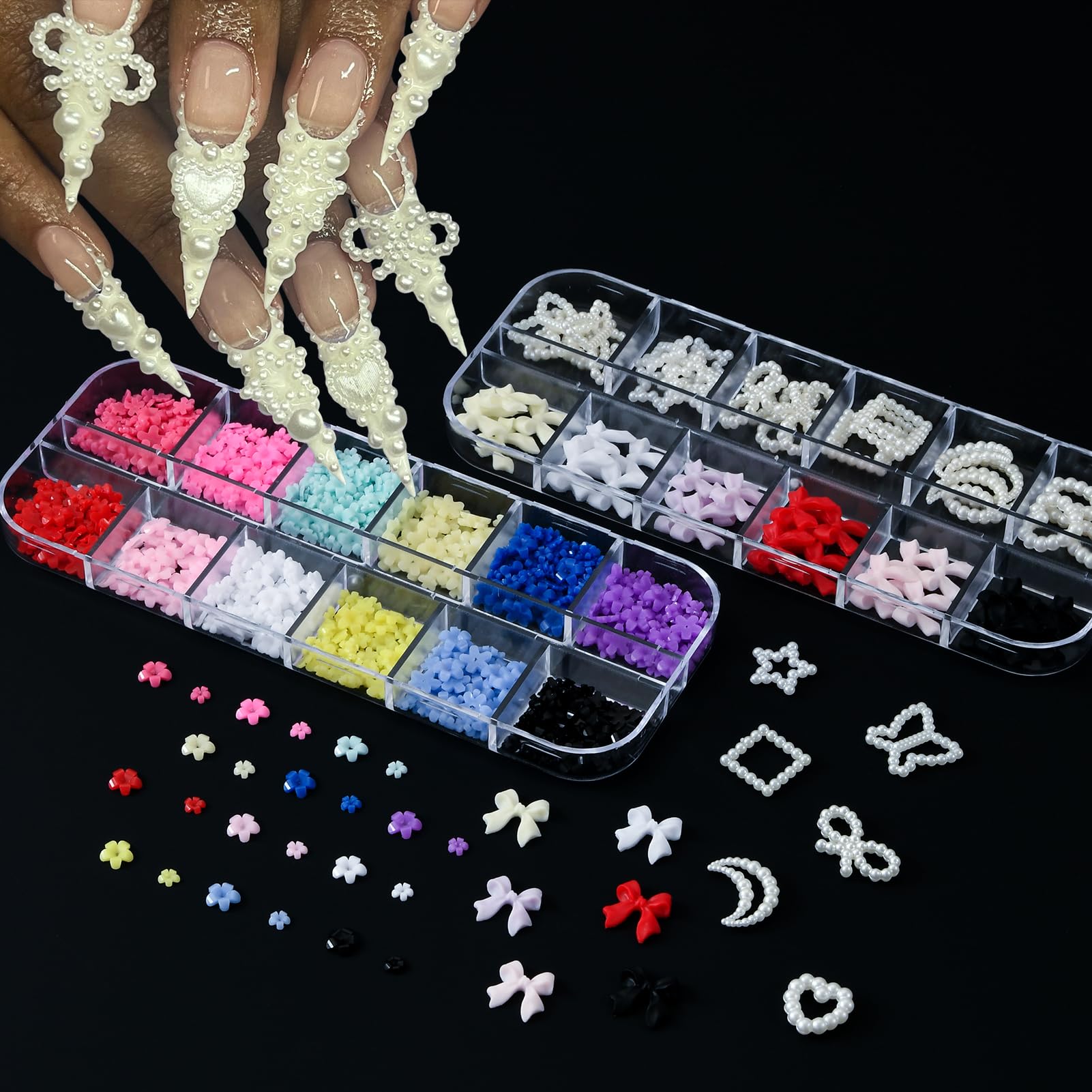 Different shapes of 3D nail charms including stars and hearts