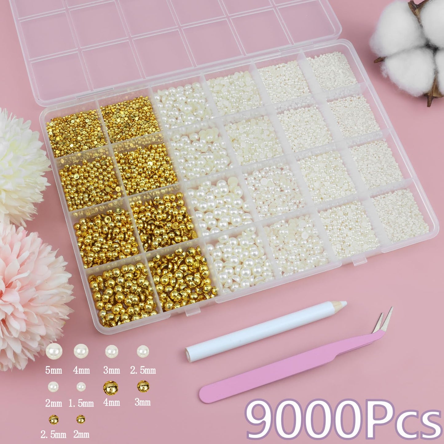 Close up view of pearl beads and rhinestones in compartments.