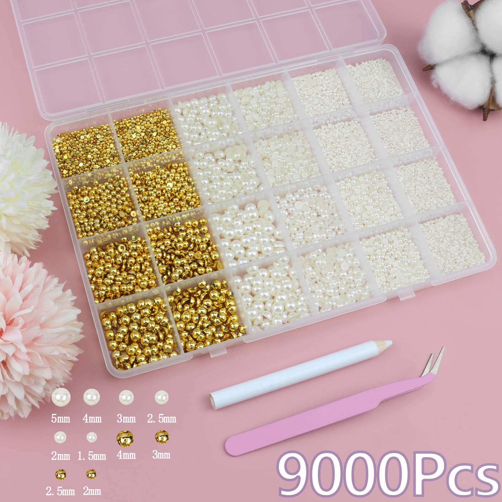 Close up view of pearl beads and rhinestones in compartments.