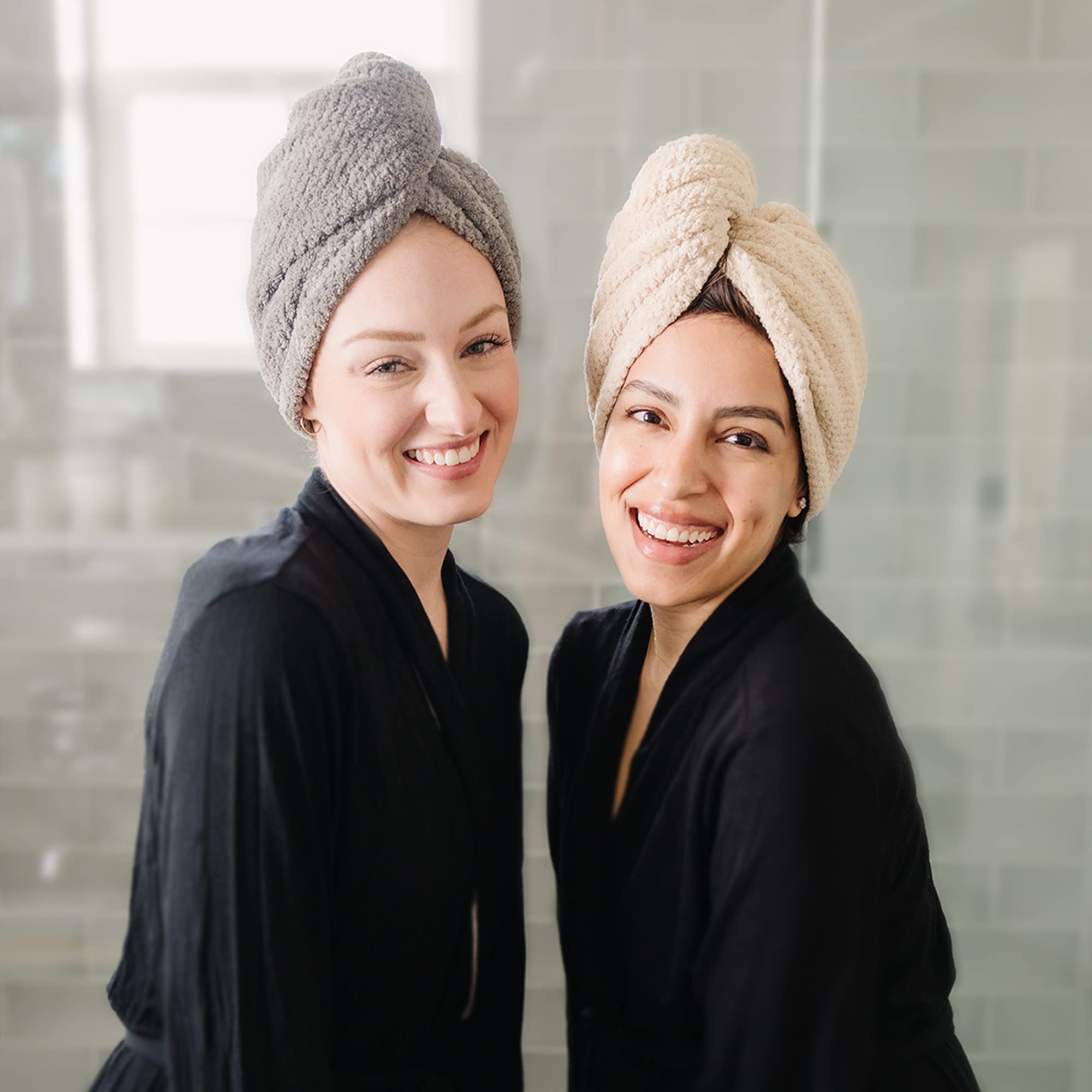 Four pack microfiber hair towels in various colors