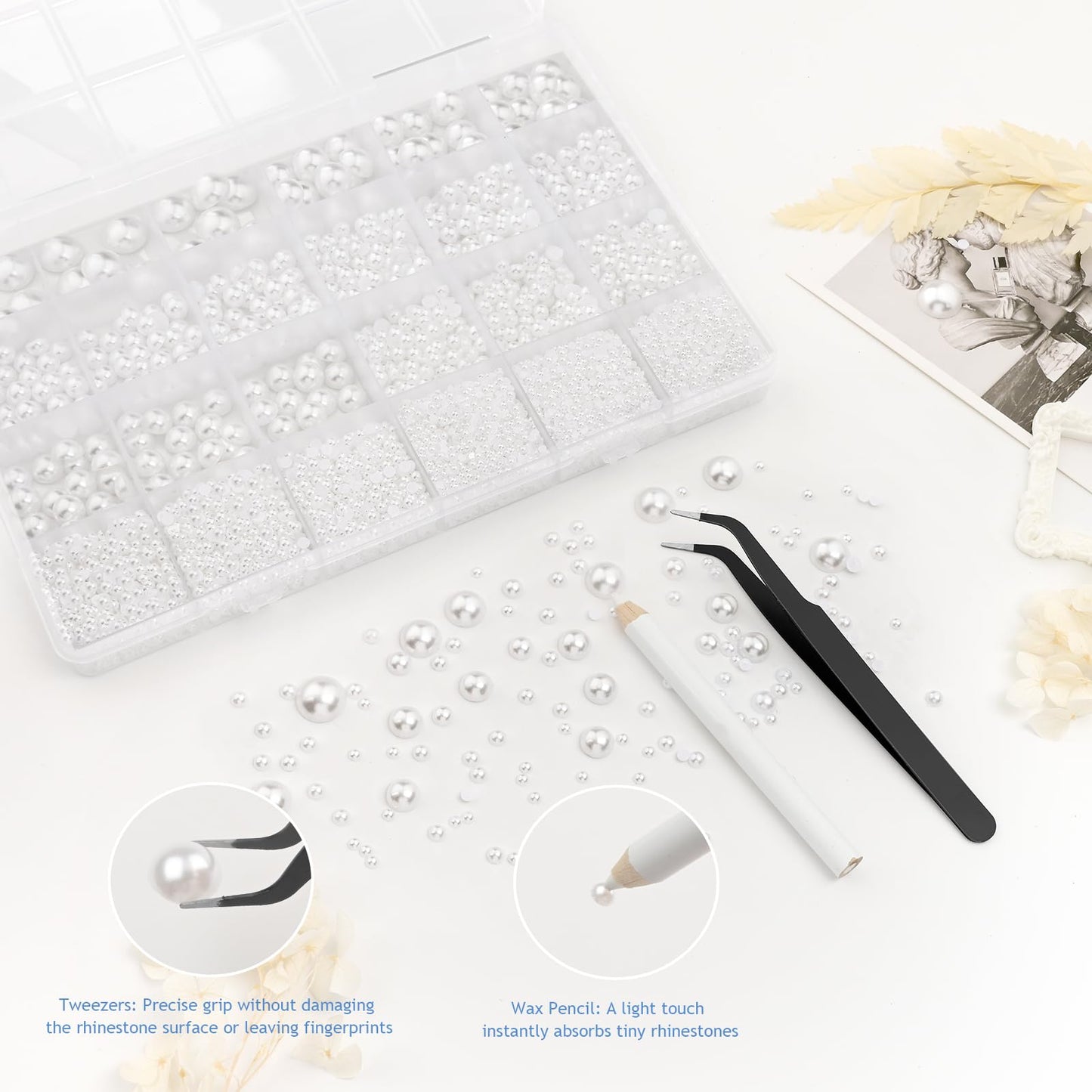 White flatback pearls organized in 24-compartment storage box