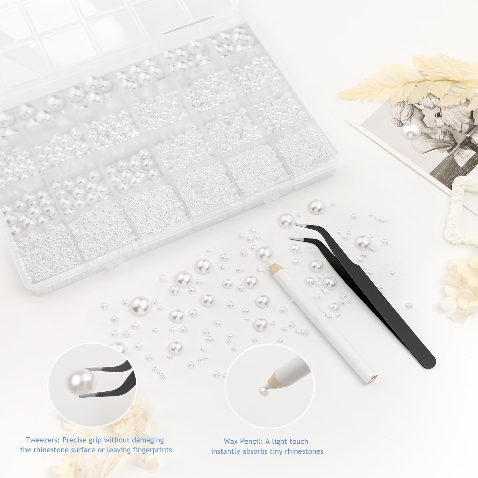 White flatback pearls organized in 24-compartment storage box