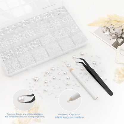 White flatback pearls organized in 24-compartment storage box