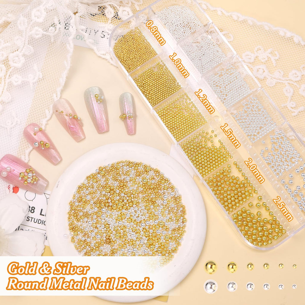 Gold and silver metal nail chains and caviar beads storage wheels