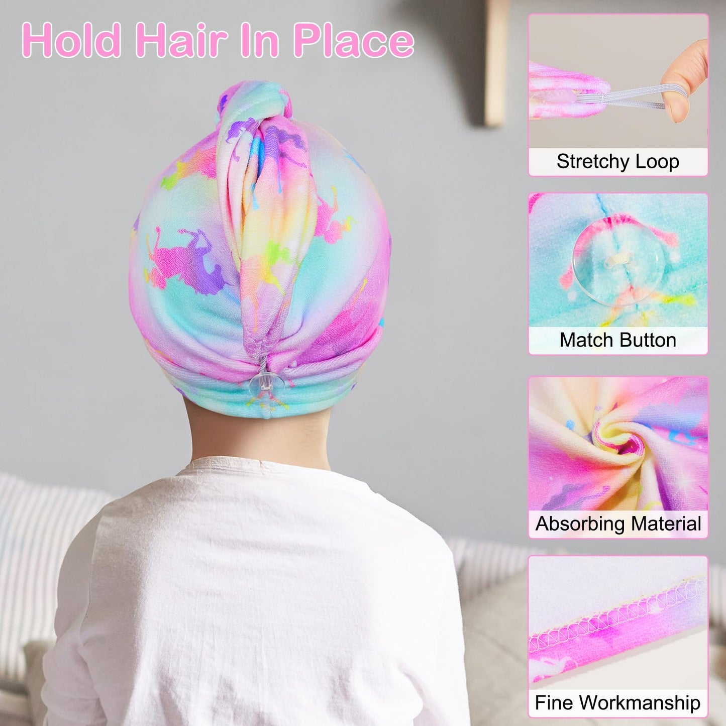 Child wearing colorful unicorn patterned microfiber hair towel